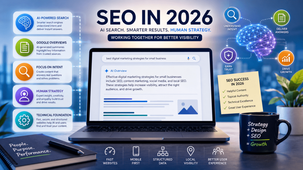 SEO in 2026 showing AI search, Google Overviews, and human strategy working together on a modern digital marketing dashboard