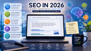 SEO in 2026 showing AI search, Google Overviews, and human strategy working together on a modern digital marketing dashboard