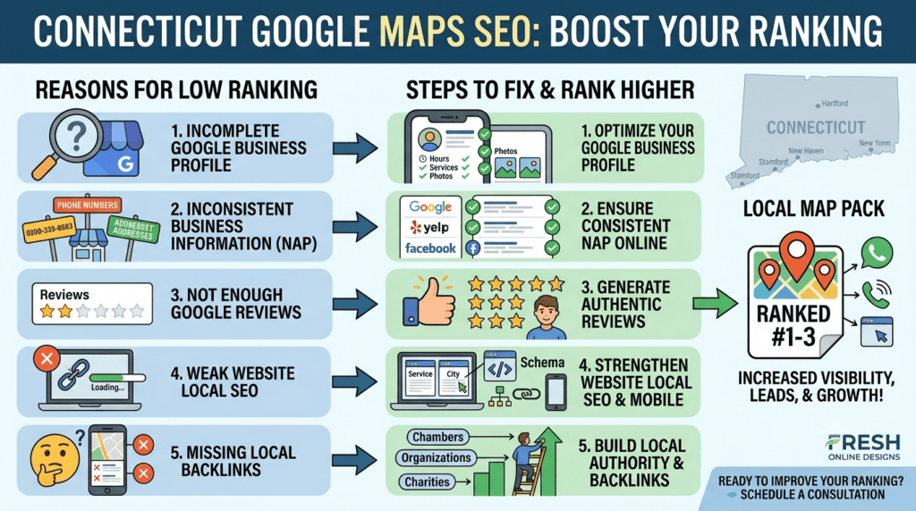 Infographic explaining Connecticut Google Maps SEO, contrasting reasons for low rankings (incomplete profiles, inconsistent NAP, fewer reviews) with corresponding fix steps to reach the top 3 Local Map Pack.