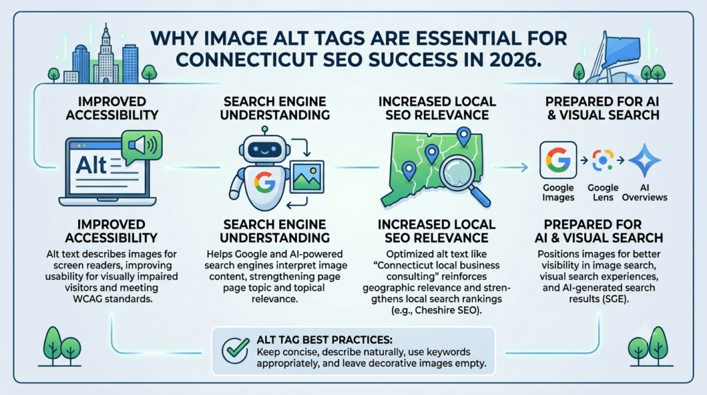 Infographic explaining why image alt tags are essential for Connecticut SEO success, highlighting improved accessibility, search engine understanding, increased local relevance, and readiness for AI & Visual Search in 2026.
