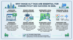 Infographic explaining why image alt tags are essential for Connecticut SEO success, highlighting improved accessibility, search engine understanding, increased local relevance, and readiness for AI & Visual Search in 2026.