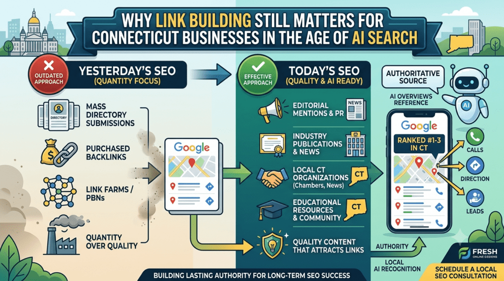Infographic showing why modern link building matters for Connecticut businesses in the age of AI search. A timeline contrasts old 'quantity' SEO tactics with modern 'quality' methods, highlighting benefits like trust, authority, and better local Map Pack rankings in 2026.